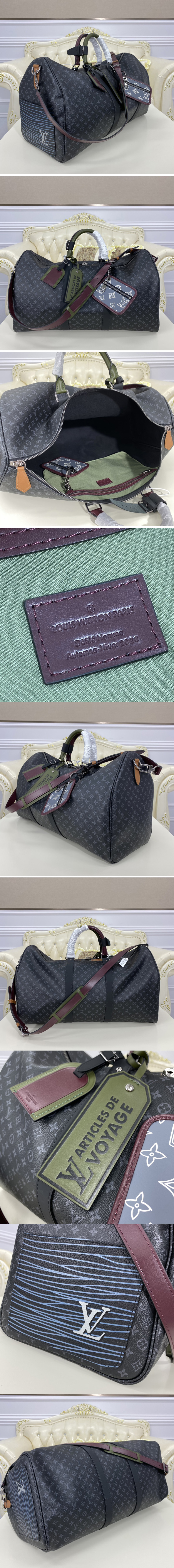 Replica Louis Vuitton M56856 LV Keepall Bandouliere 50 Bag in Monogram Eclipse coated canvas and cowhide leather