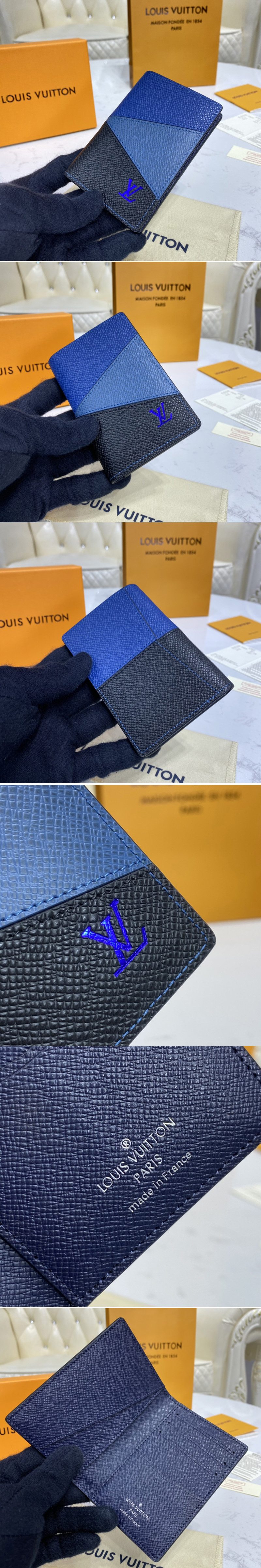 Replica Louis Vuitton M30709 LV Pocket Organizer Wallet in Blue monochrome Taiga leather