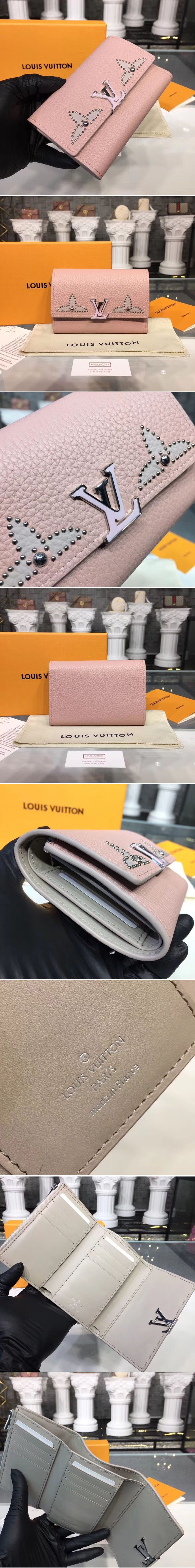 Replica Louis Vuitton M63221 LV Taurillon Leather Capucines Compact Wallet Pink