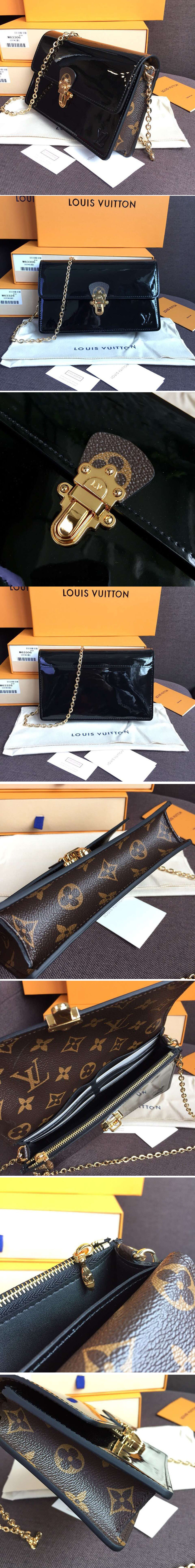 Replica Louis Vuitton M63305 Cherrywood Chain Wallet Bags Black Patent calf leather with Monogram canvas