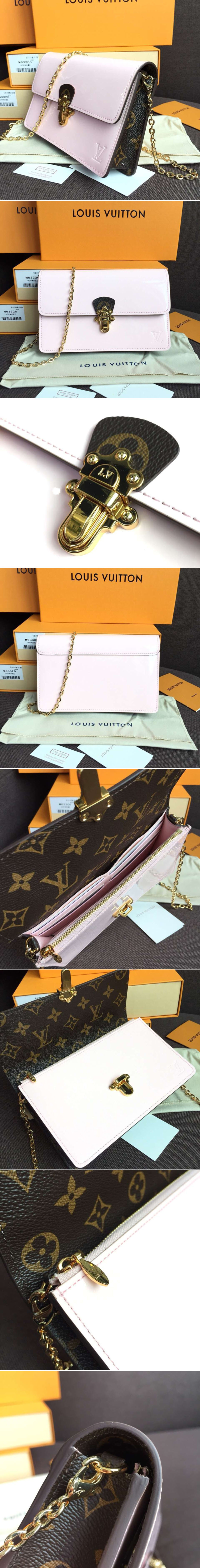 Replica Louis Vuitton M63306 Cherrywood Chain Wallet Bags Rose Ballerine Patent calf leather with Monogram canvas