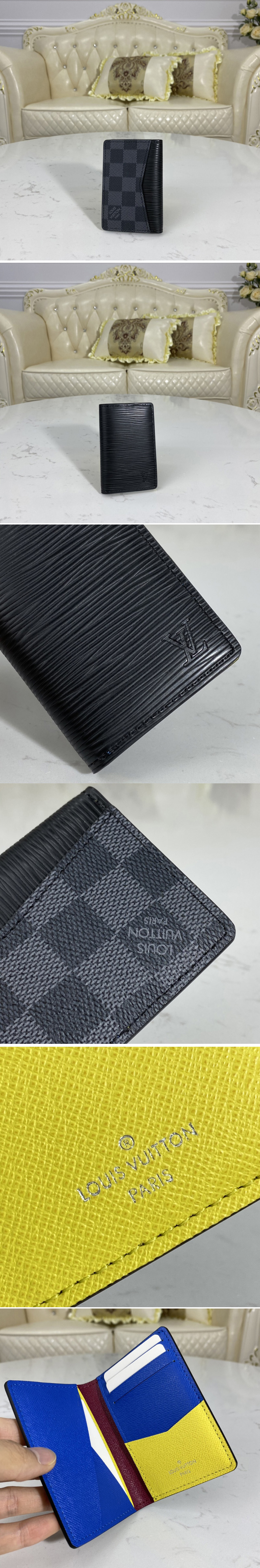 Replica Louis Vuitton M67891 LV Pocket Organizer Wallet in Epi leather and Damier Graphite canvas