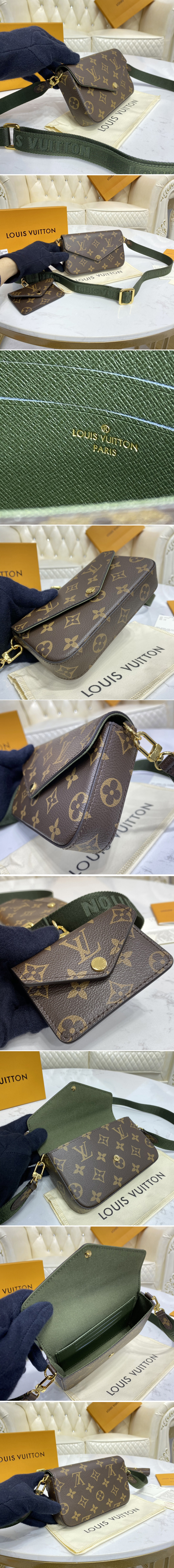 Replica Louis Vuitton M80091 LV Pochette Felicie in Monogram canvas With Green Strap