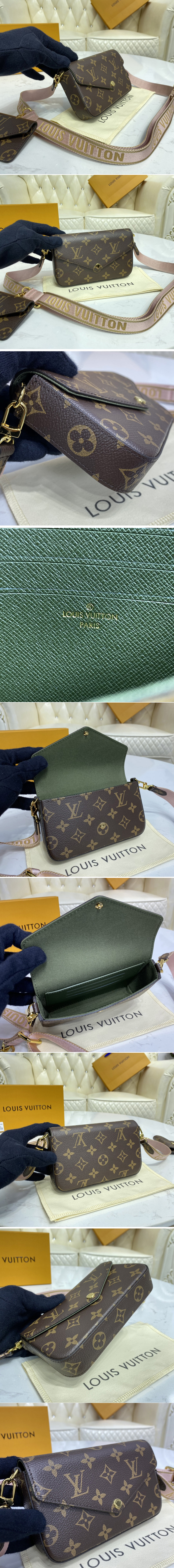 Replica Louis Vuitton M80091 LV Pochette Felicie in Monogram canvas With Pink Strap