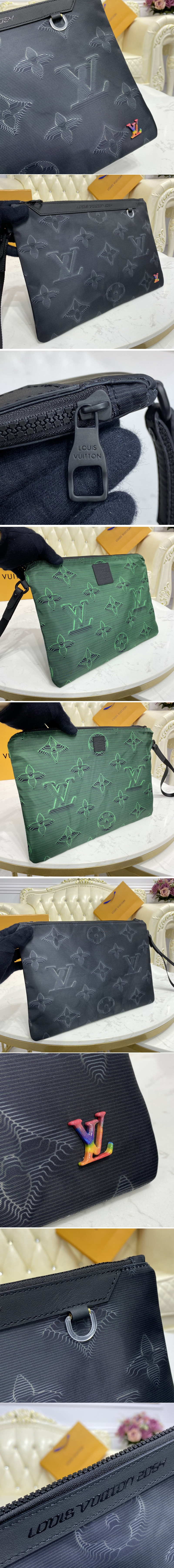 Replica Louis Vuitton M80142 LV 2054 Reversible Pouch in Monogram 3D Gray and Black/Green