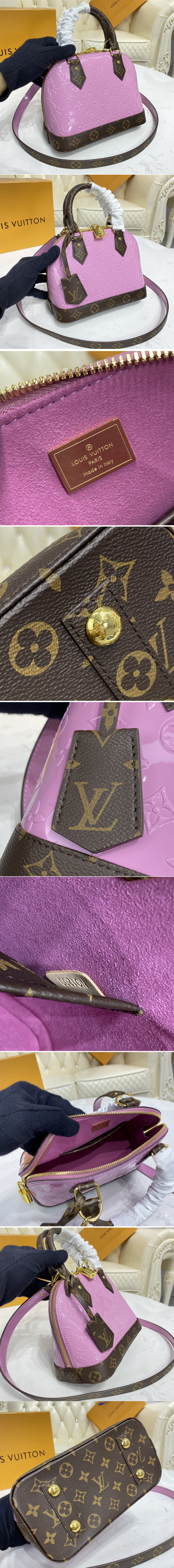 Replica Louis Vuitton M90583 LV Alma BB handbag in Metallic Pale Pink Monogram Vernis patent cowhide leather