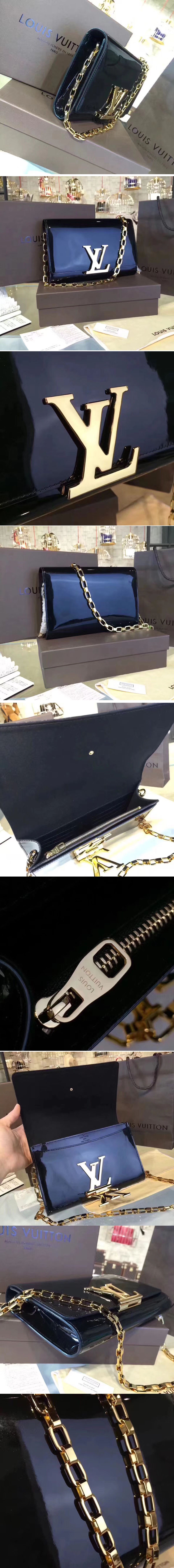 Replica Louis Vuitton M94425 LV Patent Calfskin Chain Louise GM Bags Black