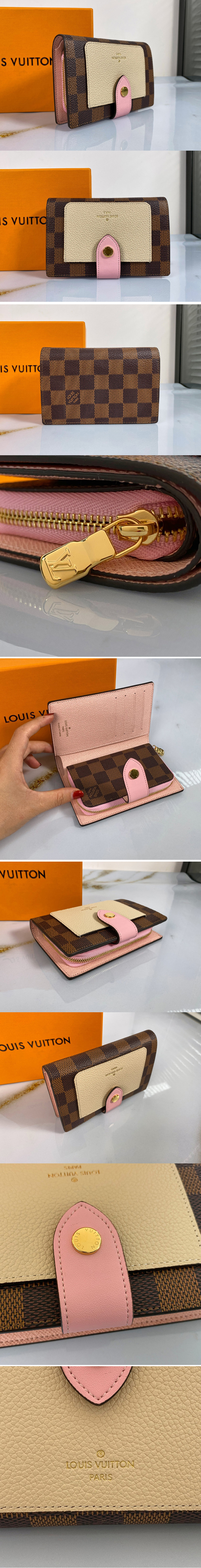 Replica Louis Vuitton N60380 LV Juliette wallet in Damier Ebene coated canvas With Cream / Venus Pink