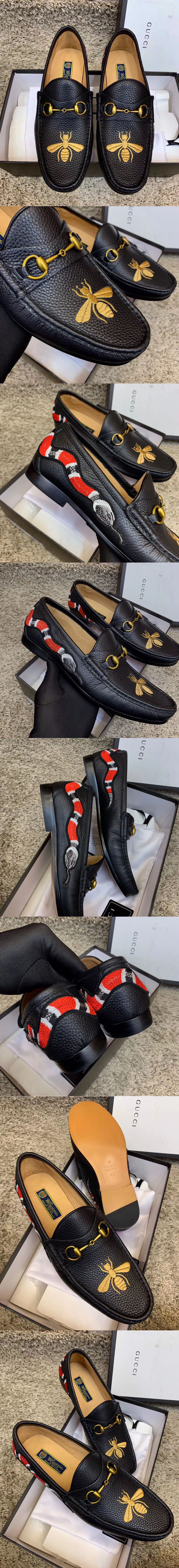 Replica Gucci Leather Horsebit loafer with Bee Print Black Leather